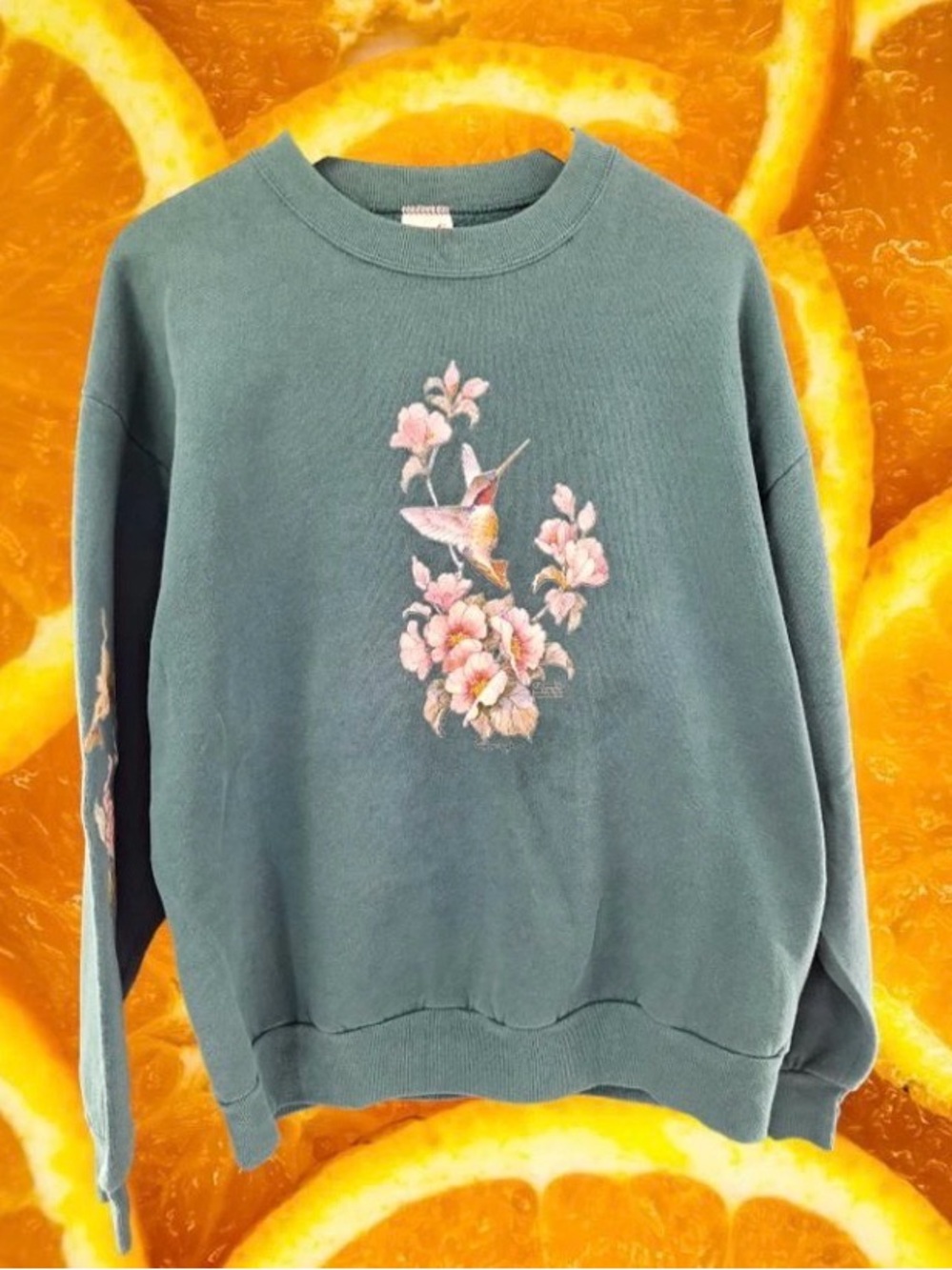 Green Floral Hummingbird Crewneck Sweatshirt